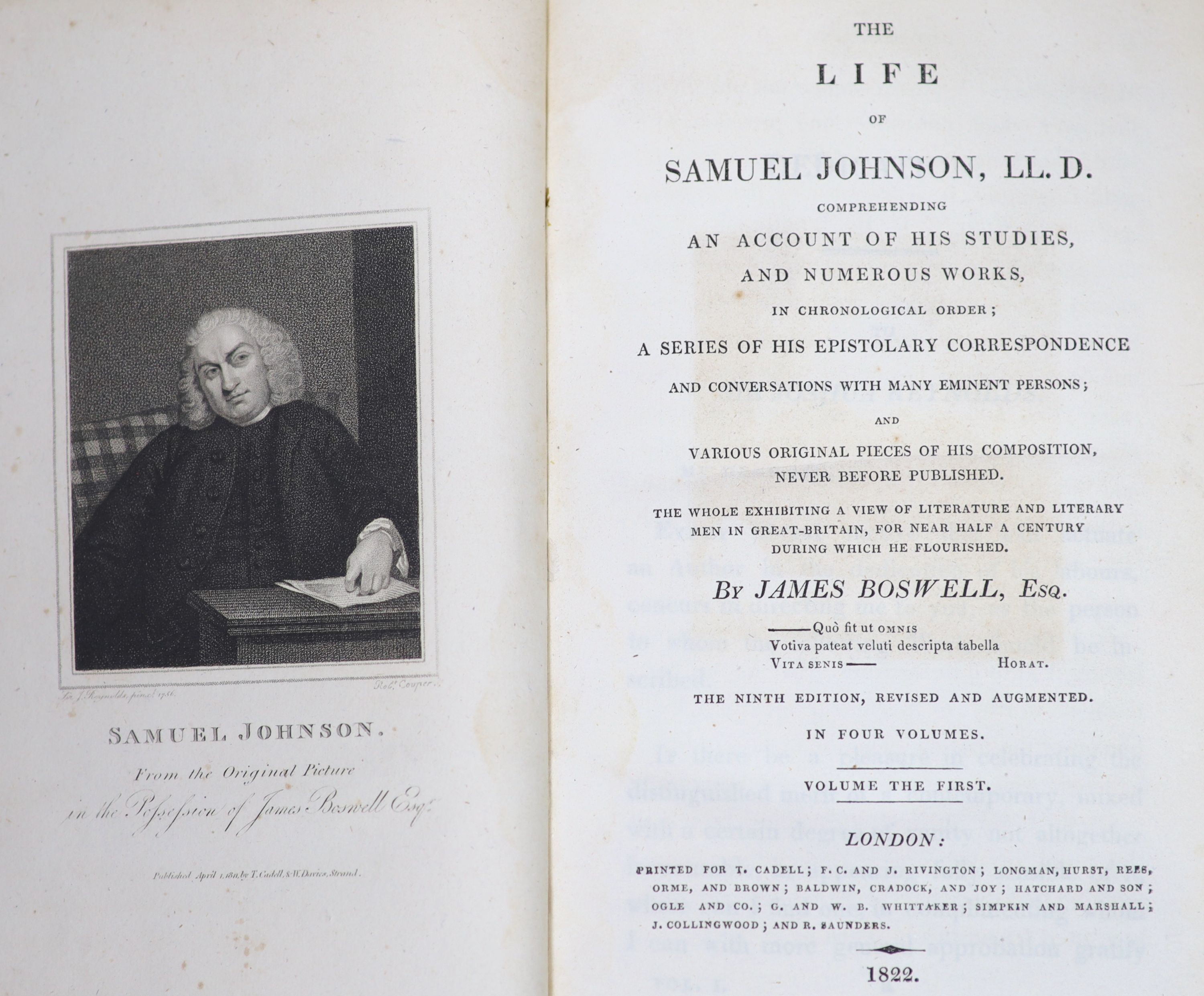 Boswell, James - The Life of Samuel Johnson, 9th edition, 4 vols, 8vo, later half calf, with portrait, front inner joint to vol 1 poorly repaired with sellotape, London, 1822 and Green, John Richard - History of the Engl